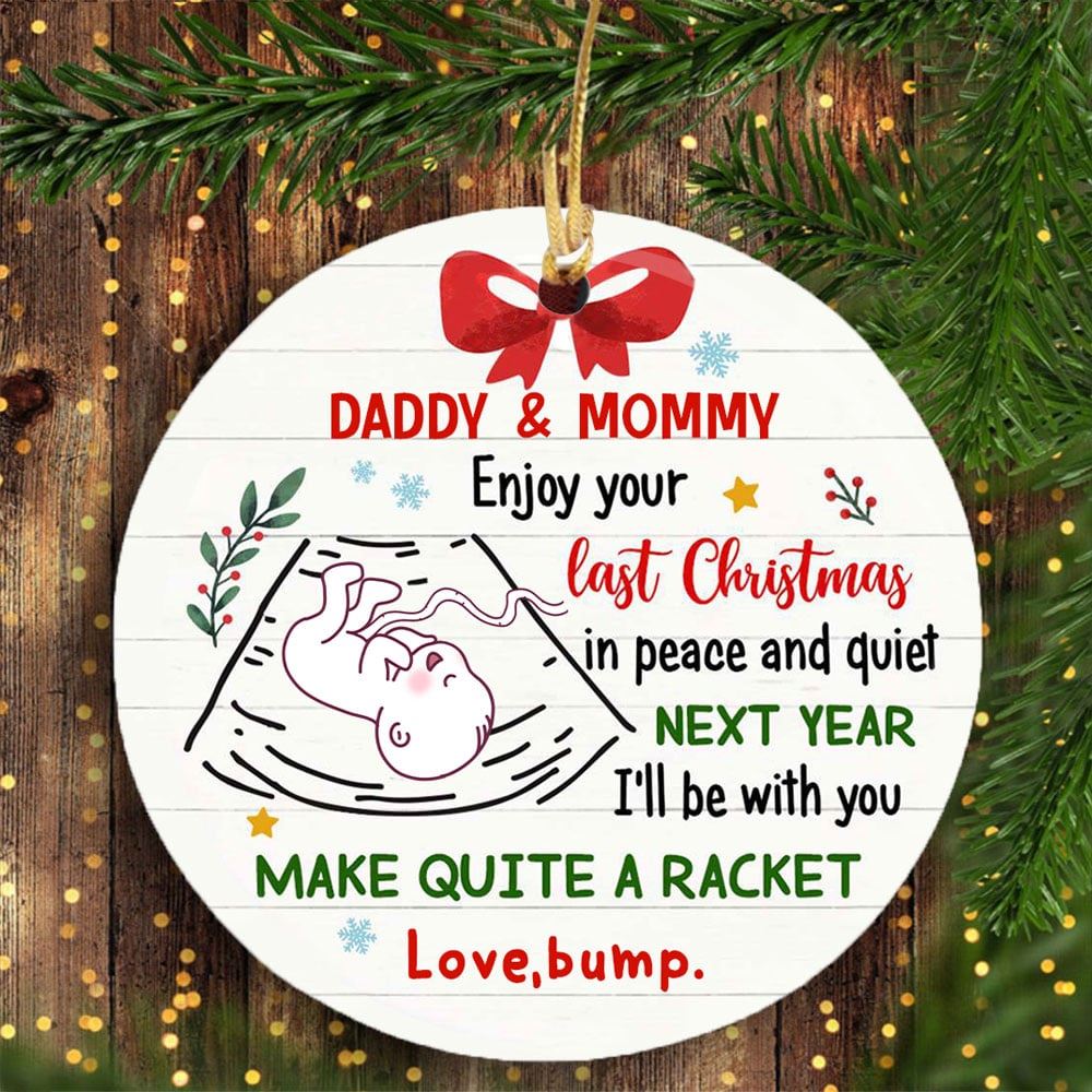 Personalized Baby Bump First Christmas Circle Ornament Gift For New Dad And Mom
