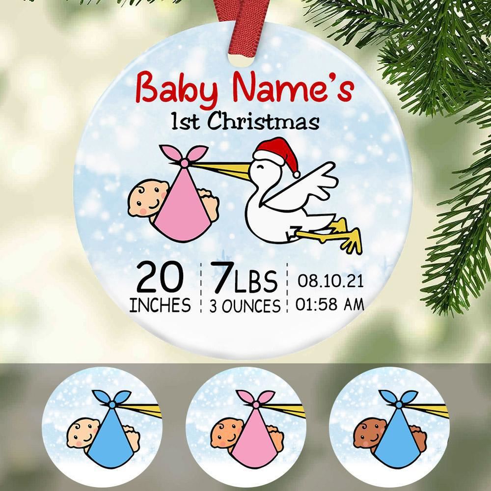 Personalized Baby First Christmas Stork Circle Ornament Round Shape Ornament