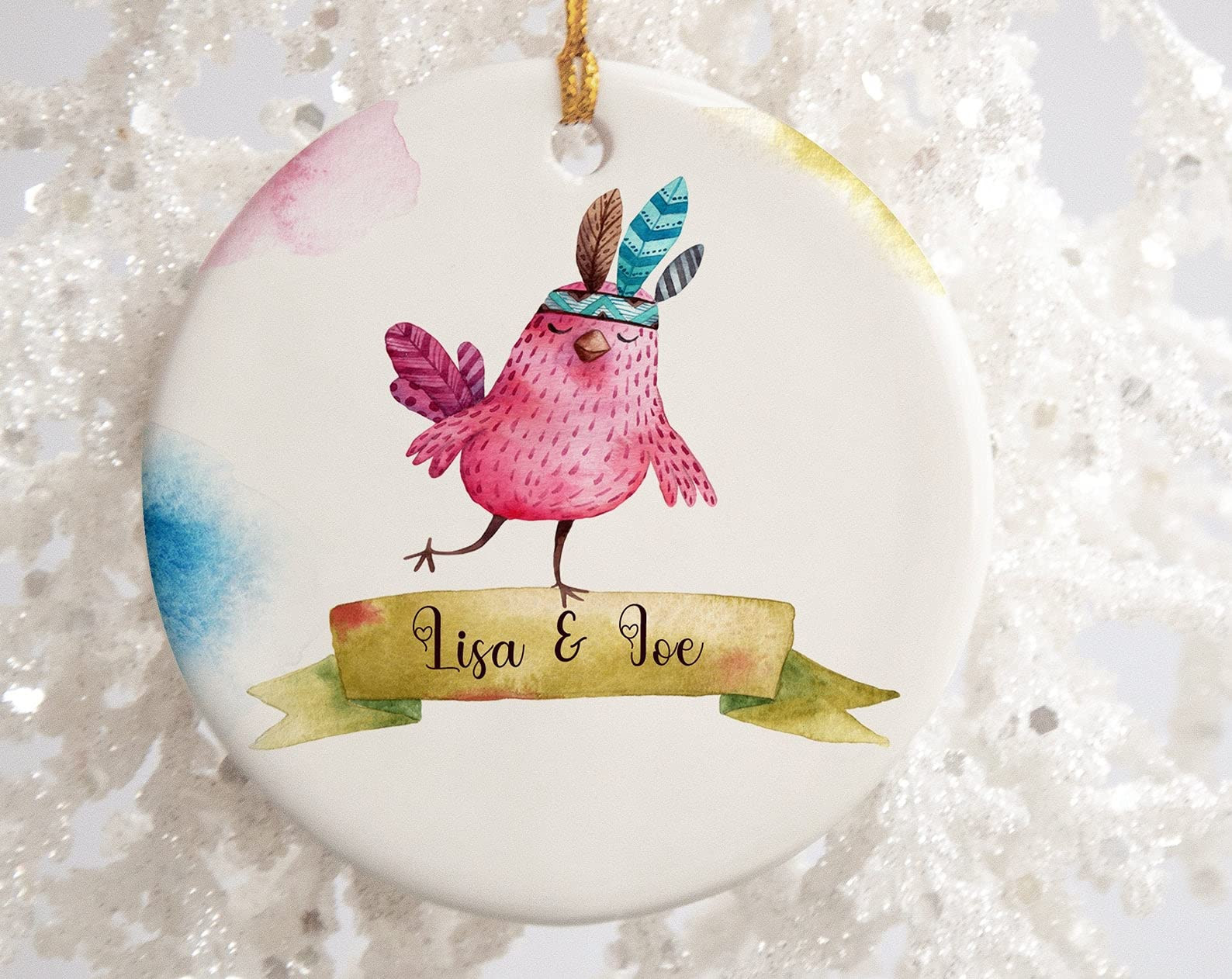 Personalized Bird With Feather Headdress Ornament His And Her Ornament Bird With Feather Headband Ornament Engaged Ornament Gifts For Couple Hanging Decoration