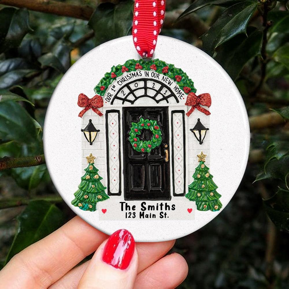 Personalized Black Door With Christmas Wreath And Christmas Tree Ornament Our First Christmas In Our New Home Ornament Gifts For Birthday Christmas Winter Housewarming