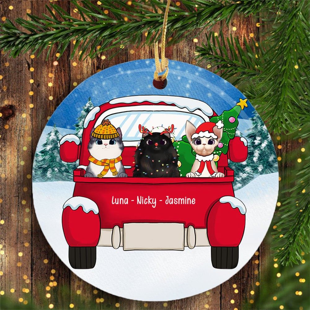 Personalized Cat Christmas Red Truck Circle Ornament Gift For Cat Lovers