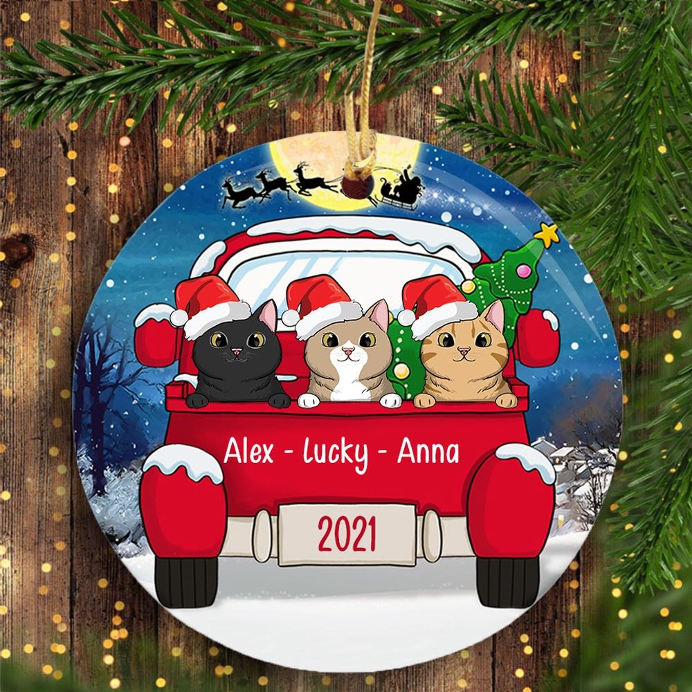 Personalized Cat Christmas Red Truck Circle Ornament