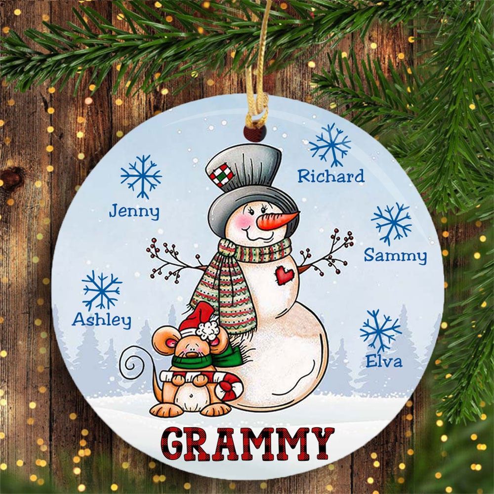 Personalized Christmas Snowman Grandma Mom Circle Ornament