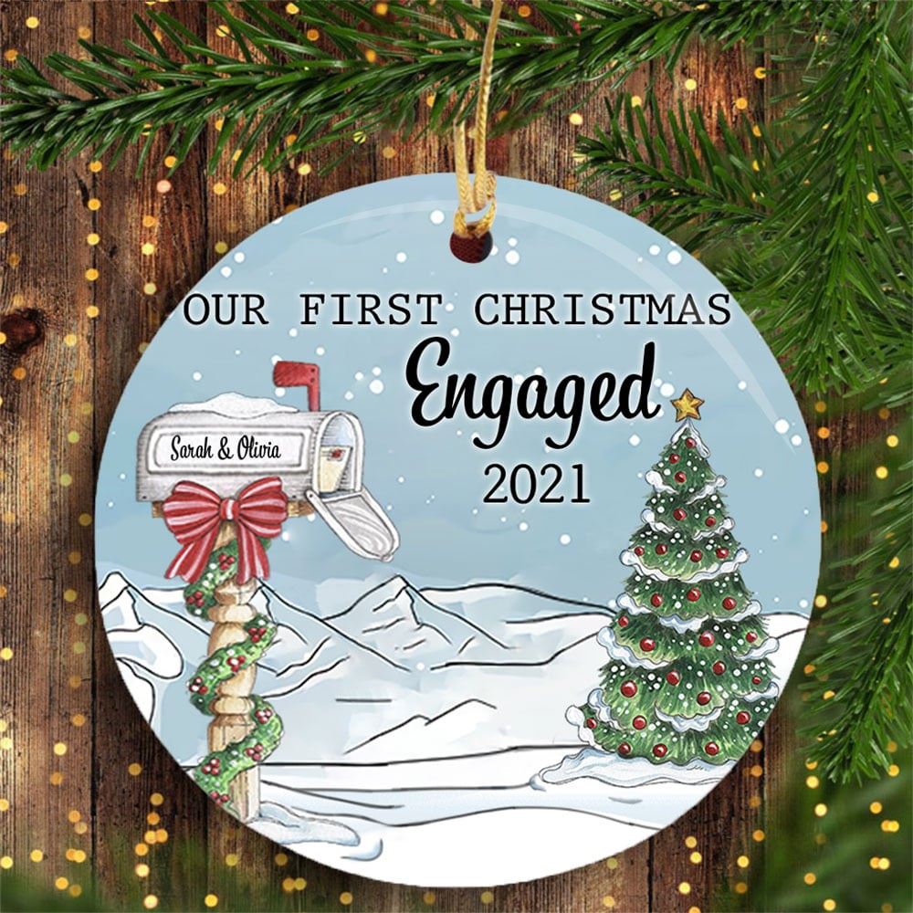 Personalized Couple Name First Christmas Engaged Circle Ornament