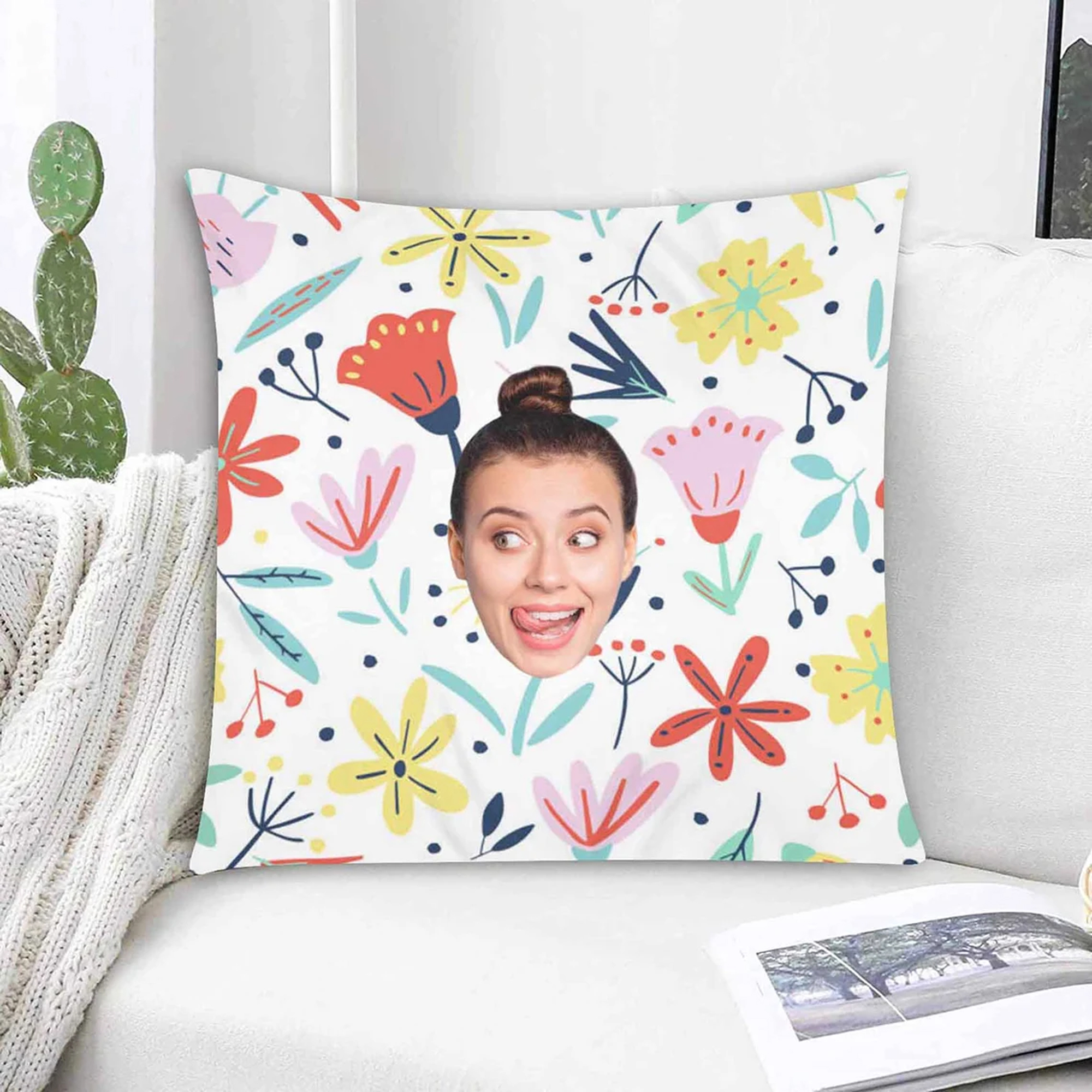 Colorful Floral Custom Face Photo Pillow Cases Gift For Her Home Decor