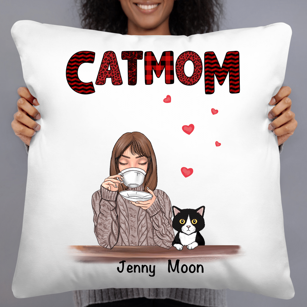Cat Mom Red Patterned Personalized Pillow Insert Included