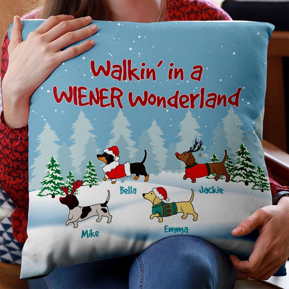 Dog Christmas Dachshund Walking In Wiener Wonderland Personalized Pillow
