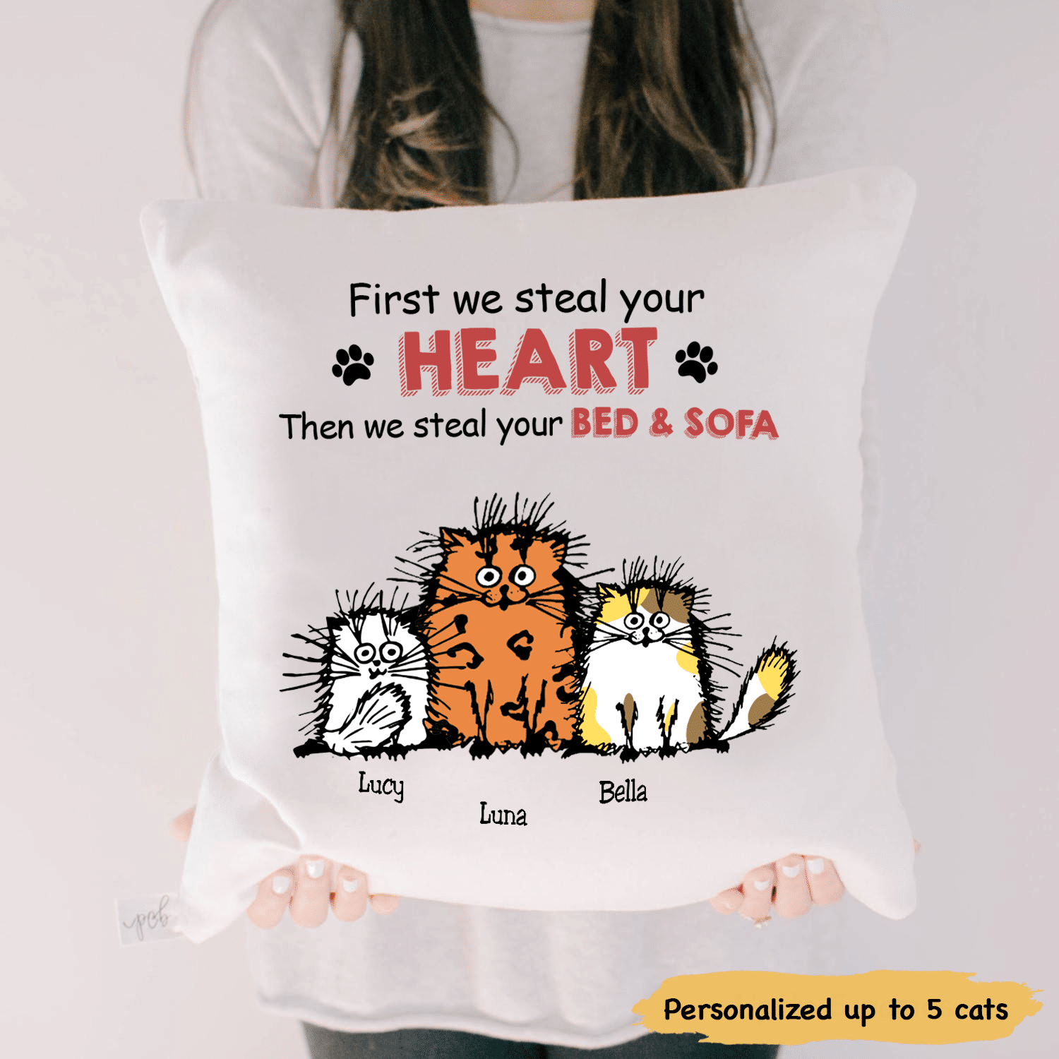 Fluffy Cat First We Steal Your Heart Then We Steal Your Bed Sofa Personalized Pillow