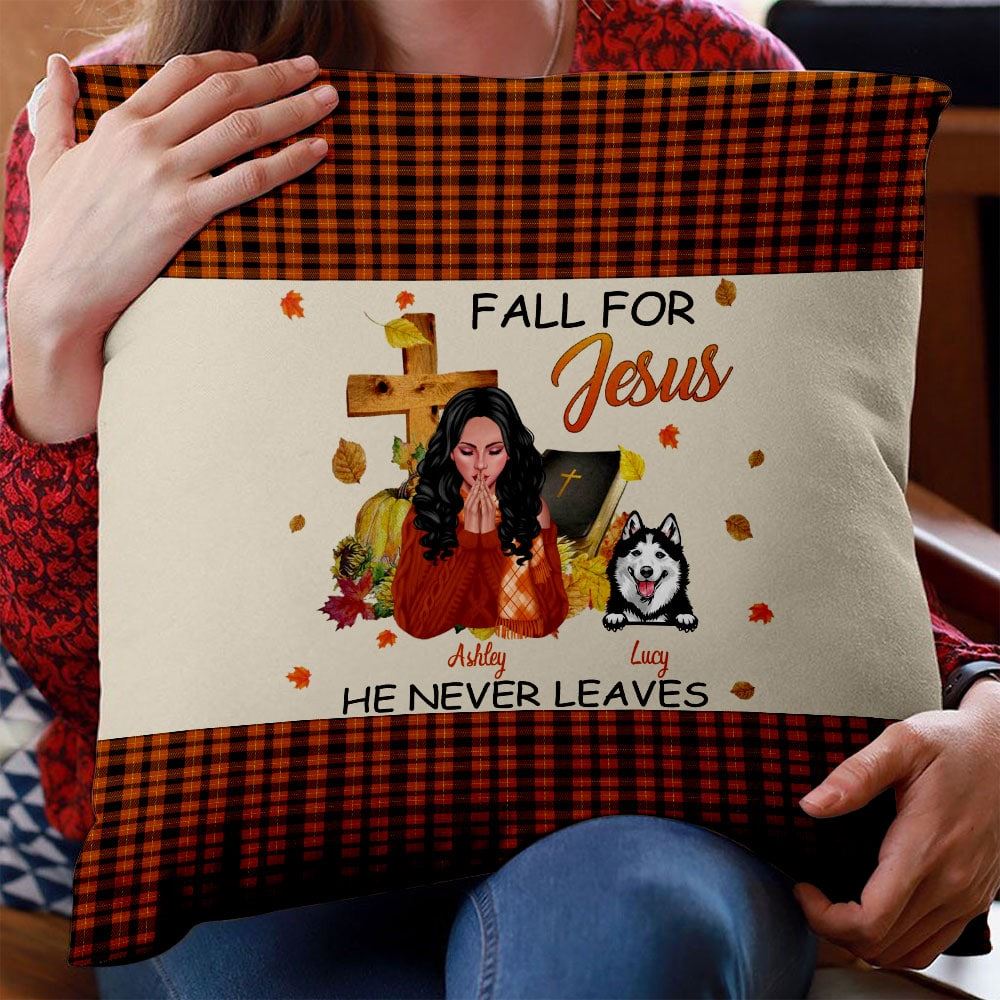 Personalized Fall For Jesus He Never Leaves Halloween Pillow Gift For Dog Mom Insert Included