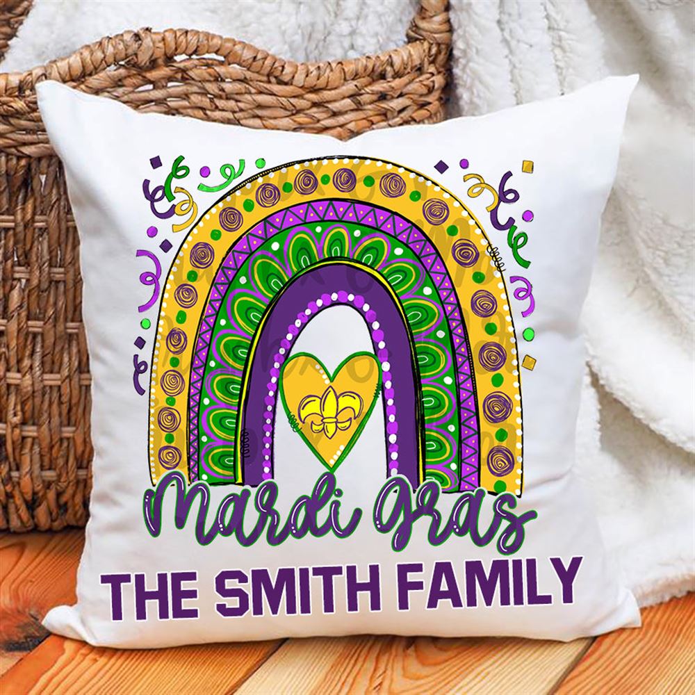 Personalized Mardi Gras Rainbow Pillows Custom Family Name Mardi Gras Pillows For Bedroom