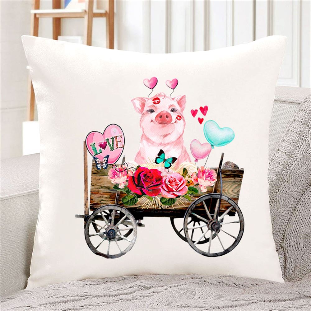 Valentine Pig Love Wagon Hearts Floral Watercolor Farm