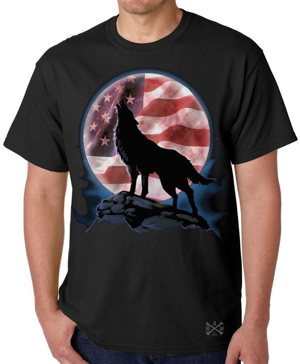 American Wolf Howl T-shirt Lone Wolf Howling At Usa Flag Moon Tee Patriotic