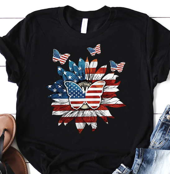 Butterfly America Flag Dark Classic T Shirt Unisex Short Sleeve Classic Tee