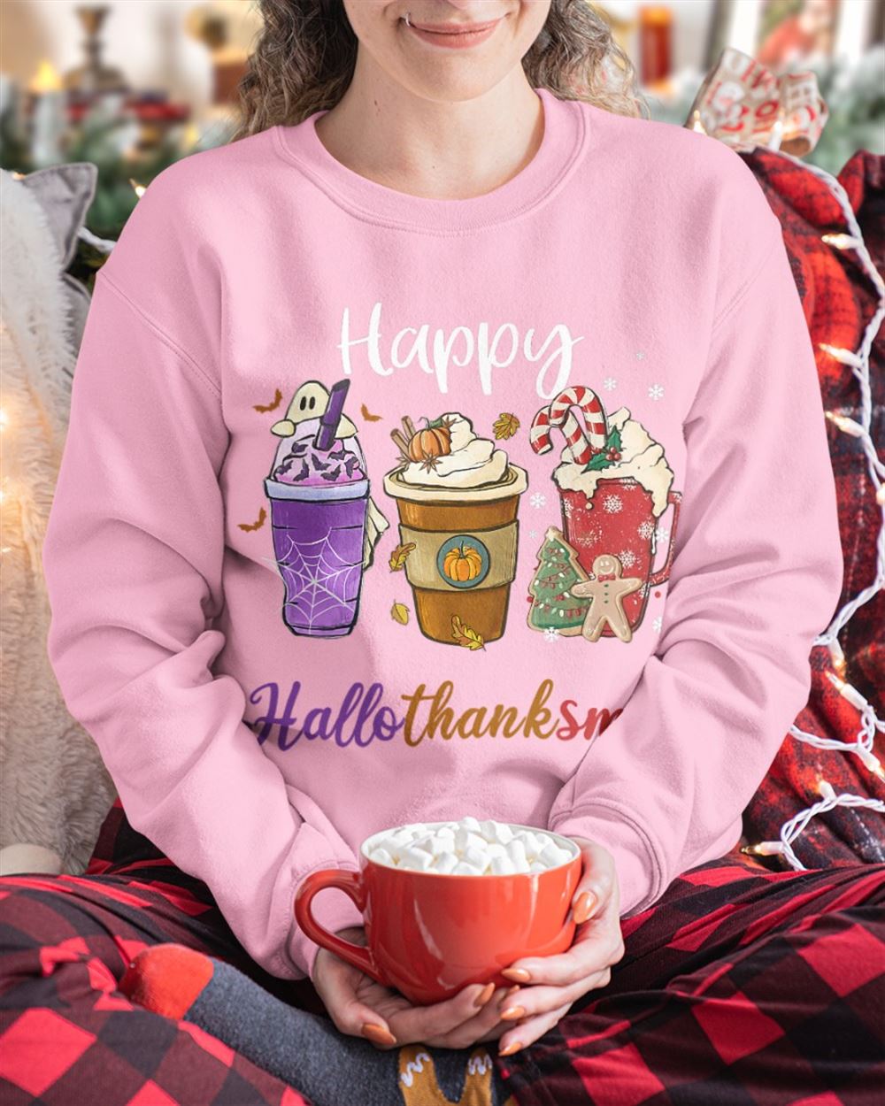 Coffee Hallothanksmas Crewneck Sweatshirt Christmas Holiday Short Sleeve Print Clothing Outfits