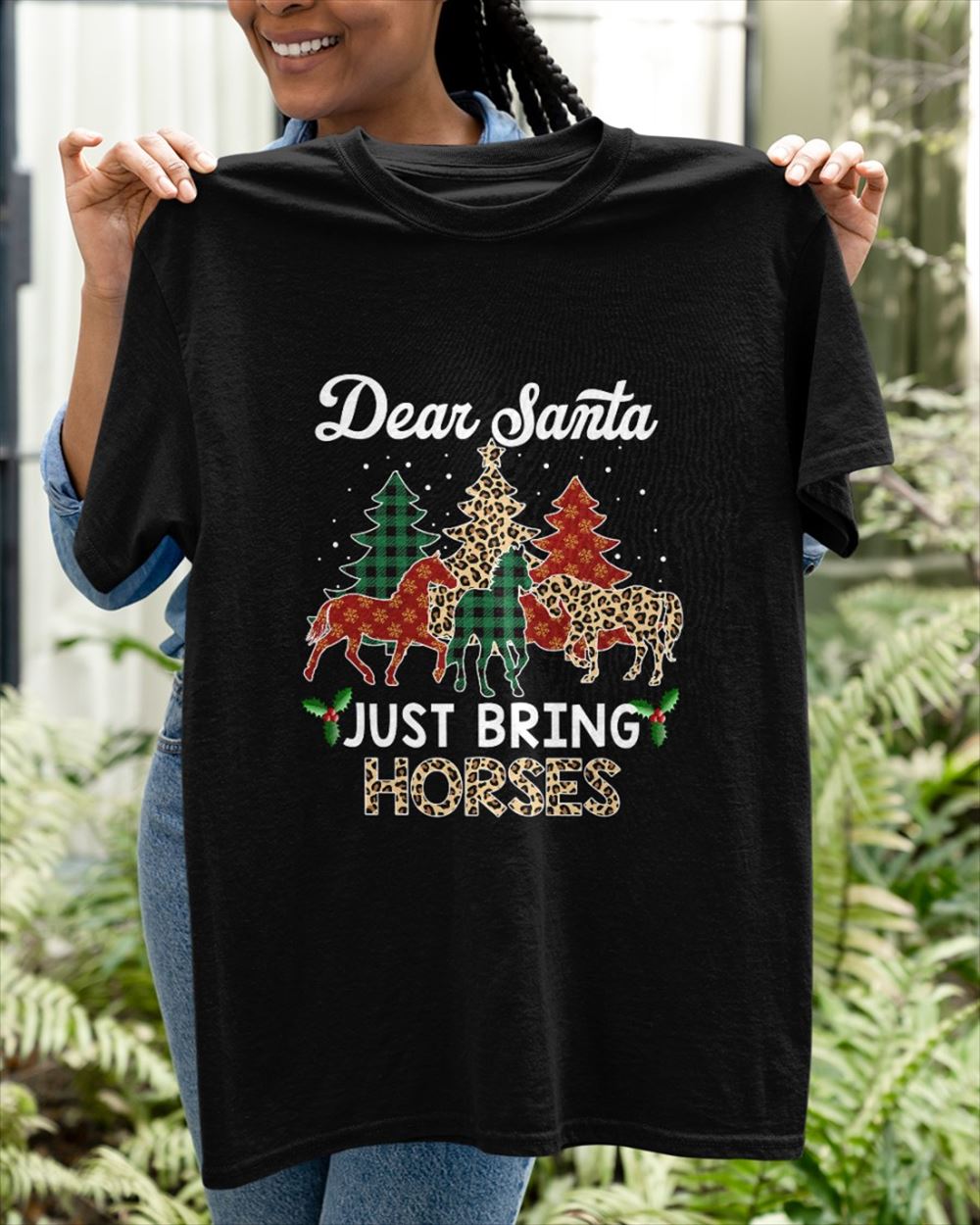 Dear Santa Just Bring Horses Elf Santa Leopard - Cute Christmas Horse Classic T-shirt Christmas Holiday Short Sleeve Print Clothing Outfits