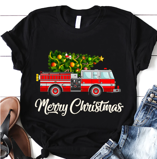 Firefighter Fire Truck Christmas Dark Classic T Shirt Christmas Holiday Short Sleeve Print Clothing Outfits