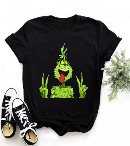 Funny Grinch Womens T-shirt Cute Letter Grinch T-shirt Women Printed White Clip Earrings Christmas Fashion Grinch Shirt Christmas Holiday Short Sleeve Print Clothing Outfits