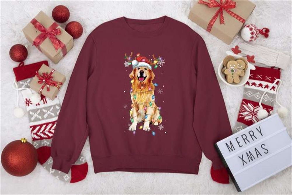 Funny Santa Golden Retriever Christmas Lights Tree Dog Lover Gifts Unisex T-shirt