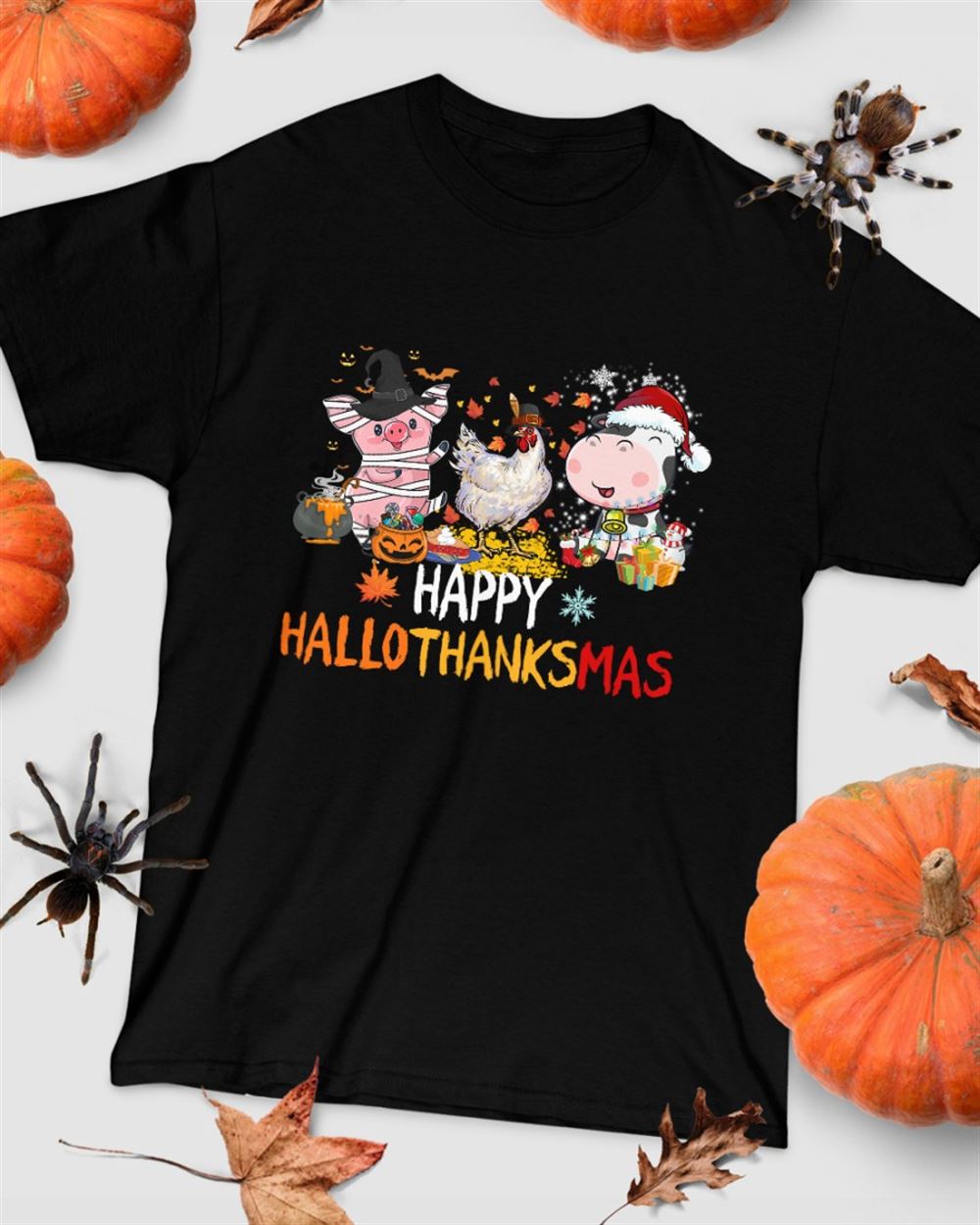 Happy Hallo Thanks Mas Farm Animals - Halloween Thanksgiving Christmas Farm Snowflake Classic T-shirt