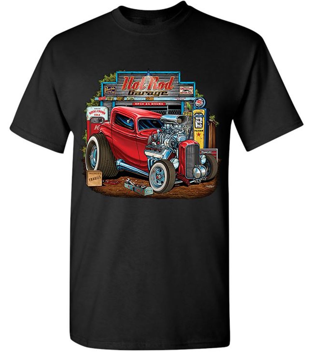 Hot Rod Garage T-shirt Route 66 Retro Vintage Drag Racing Car Mens Tee