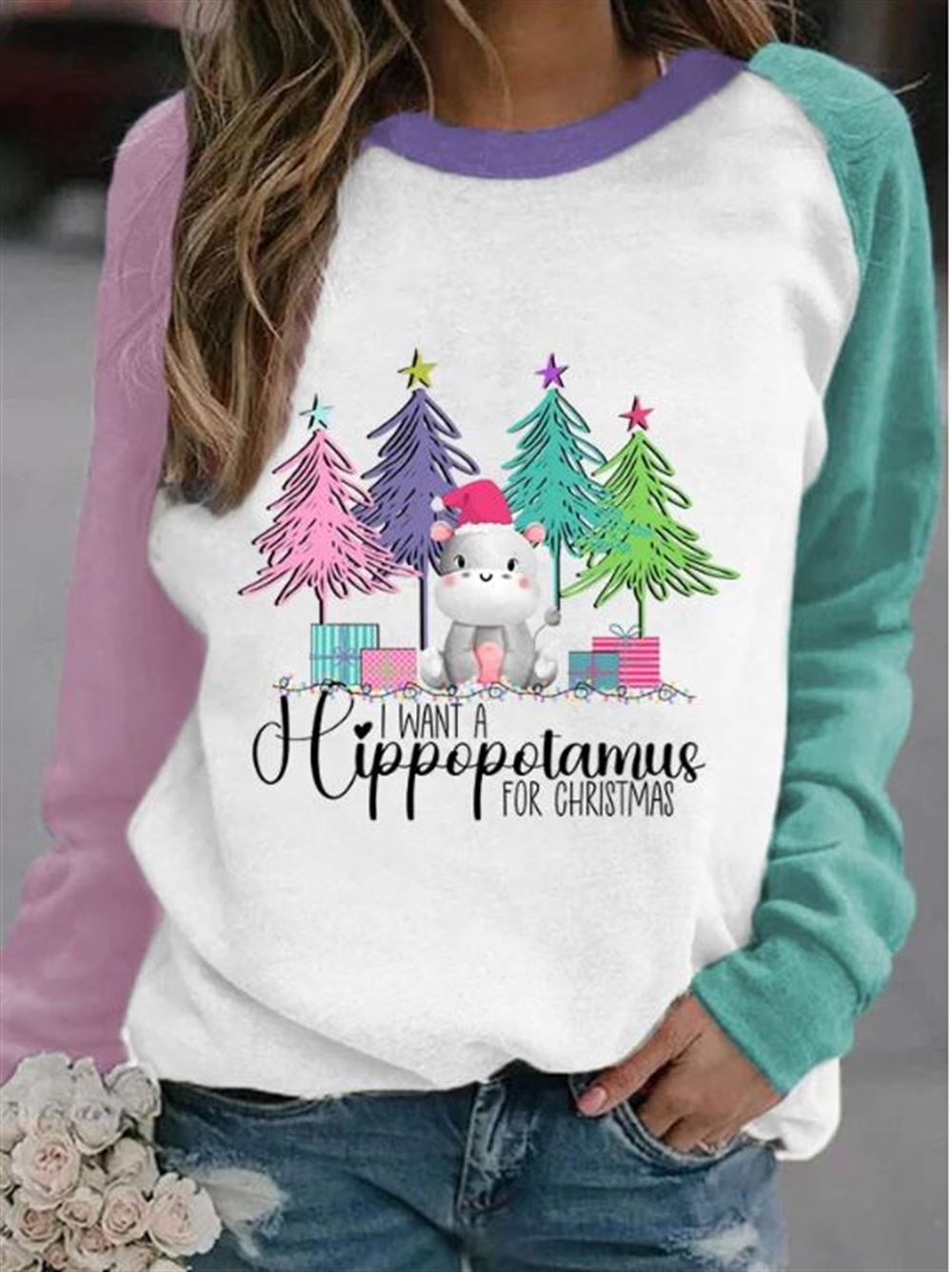 I Want A Hippopotamus For Christma Printed Long Sleeve Sweatshirt