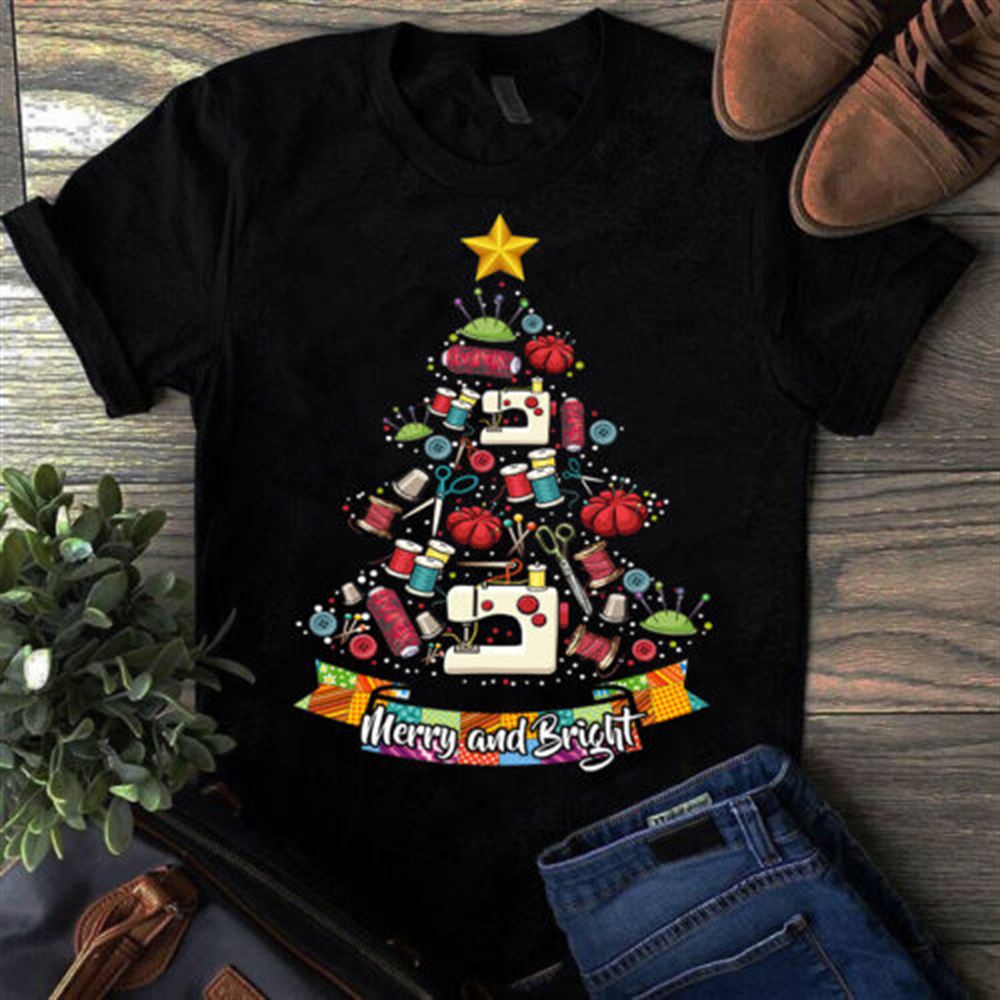 Merry And Bright Quilting Sewing Tool Christmas Tree Gift Tshirt