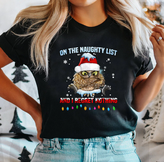 Owl On The Naughty List Dark Classic T Shirt T-shirt Casual Daily Crewneck Short Sleeve Graphic Basic Unisex Tee