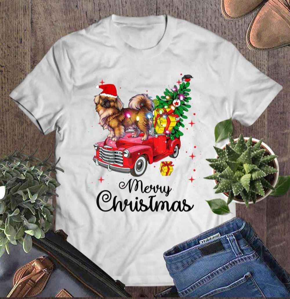 Pekingese Rides Red Truck Christmas T-shirt