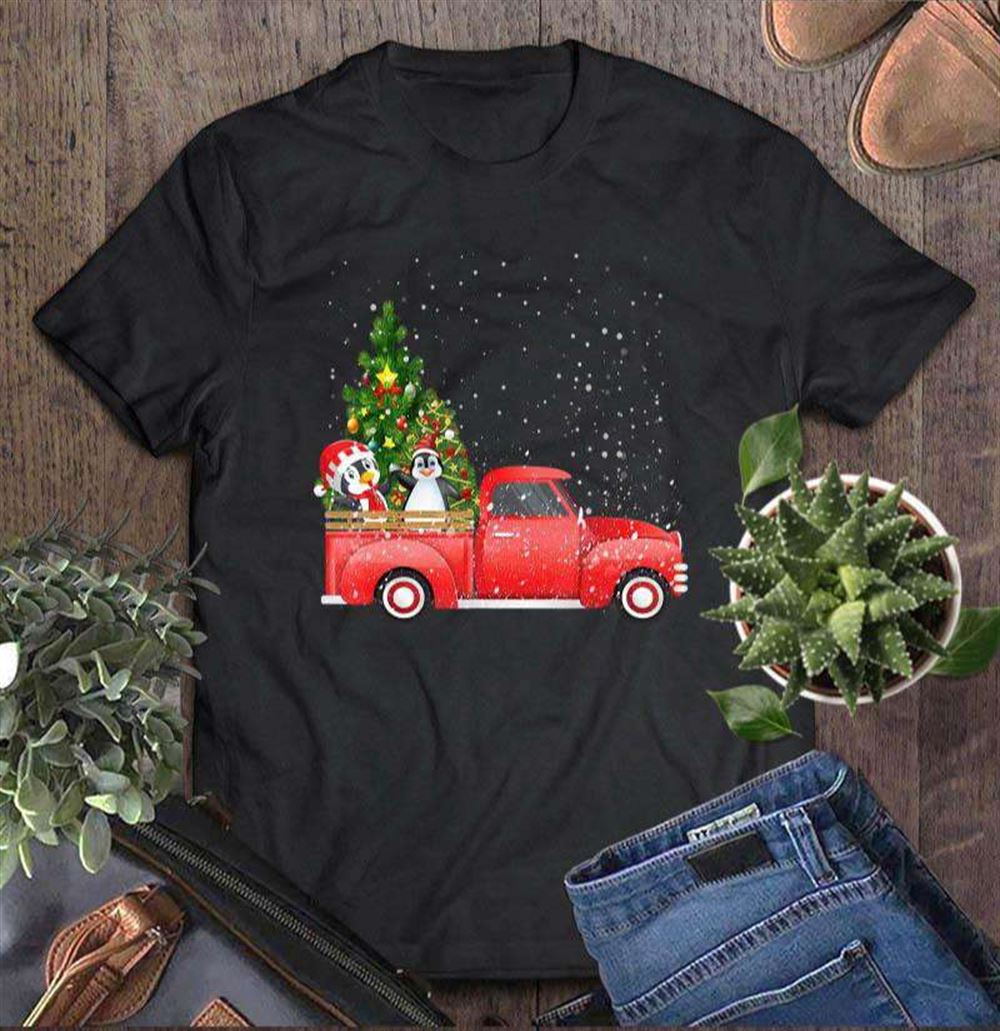 Penguin Christmas Tree On Red Car T-shirt