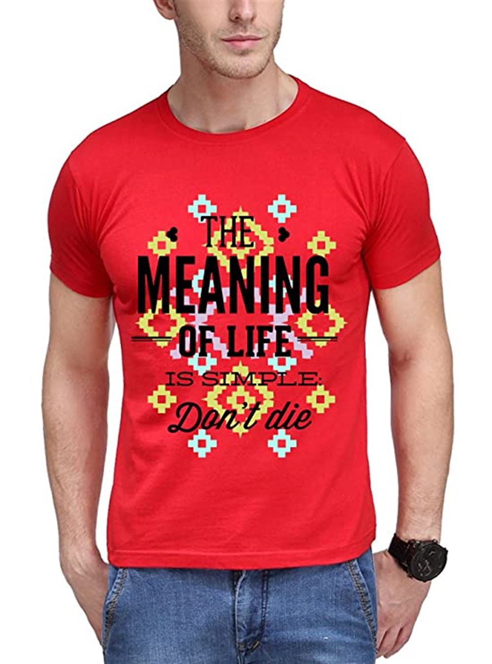 Pix Art Mens The Meaning Of Life Text Printed Red Printed Cotton T-shirt Unisex Short Sleeve Classic Tee