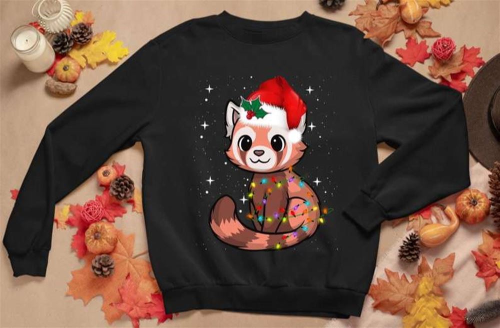 Red Panda Christmas Lights Santa Hat Pajamas Gifts Unisex T-shirt