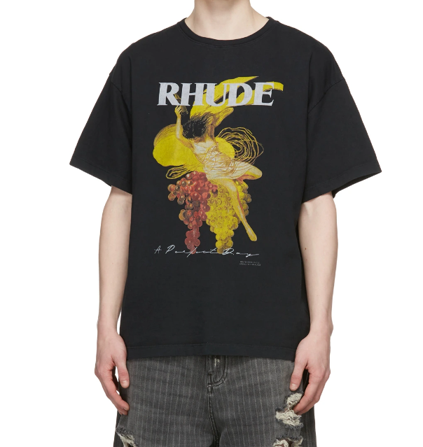 Rhude Black Shirt Short Sleeve Cotton Jersey T-shirt In Black Featuring Graphic