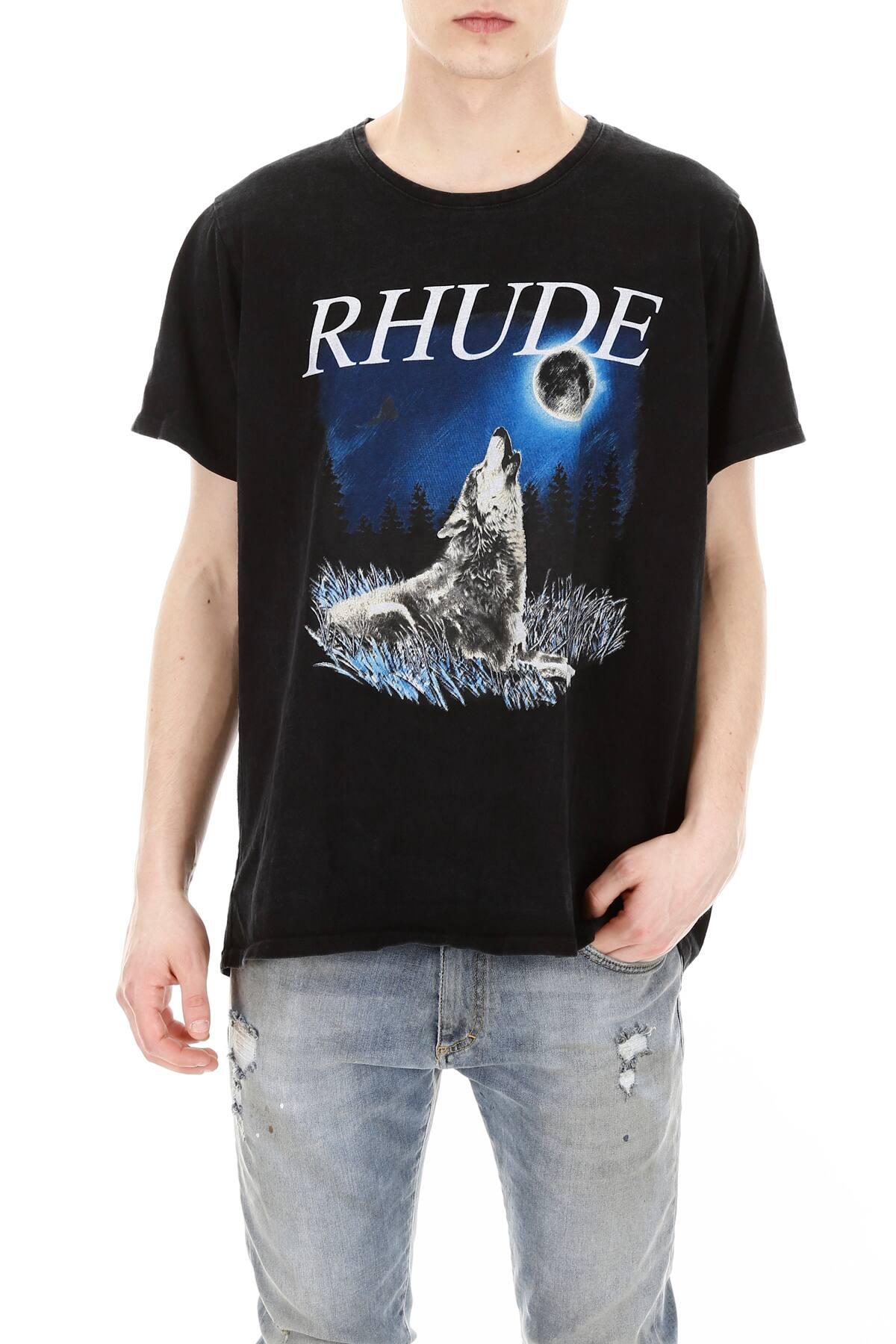 Rhude Black Wolf The-moon T-shirt Short Sleeve Cotton Jersey T-shirt In Black