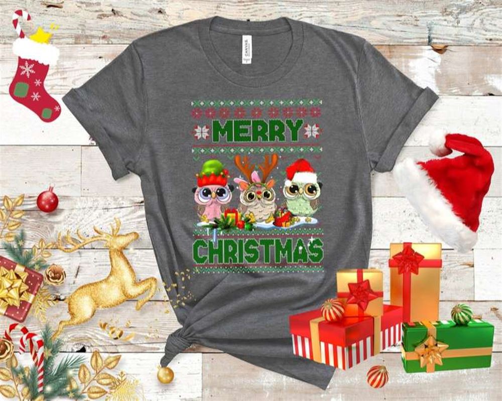 Santa Hat Owl Bird Lighting Christmas Tree T-shirt