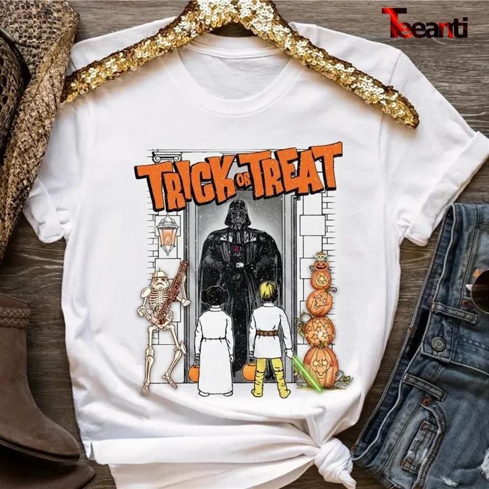 Vintage Funny Star Wars Trick Or Treat Darth Vader Princess Leia Luke Skywalker T-shirt