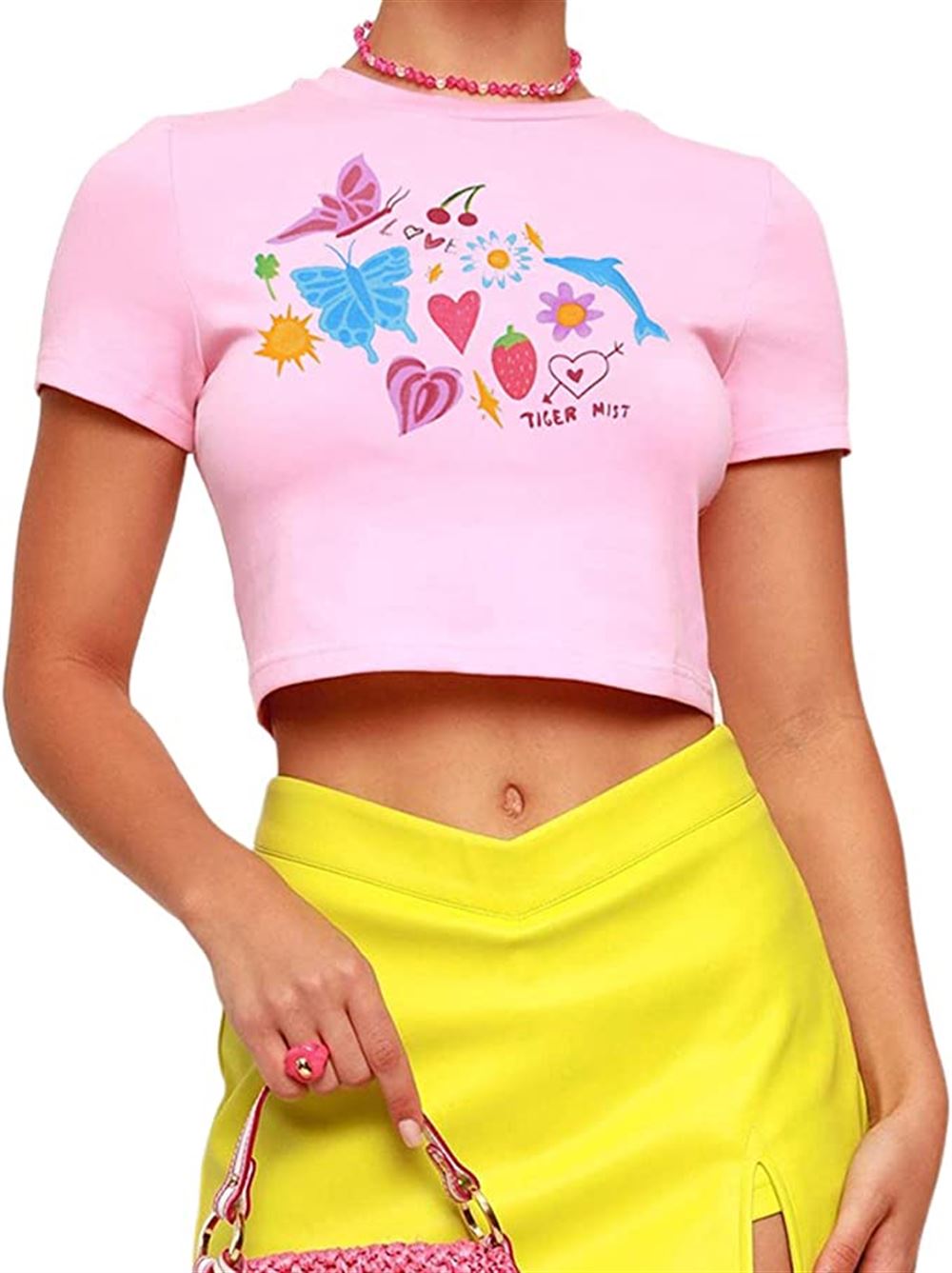 Women Short Sleeve Crop Tops Fashion Print Round Neck T-shirt Summer Sweet Style Exposed Navel Slim Shirt