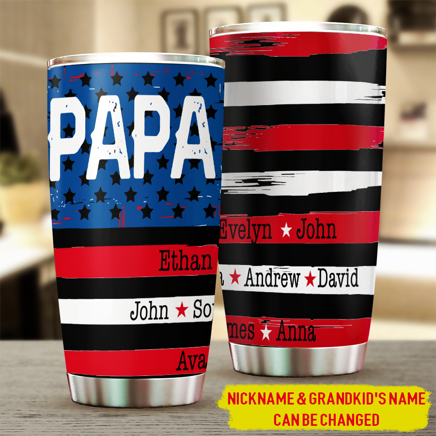 20 Oz Tumbler 20 Oz Personalized Papa Flag With Grandkids Tumbler Cup With Lid