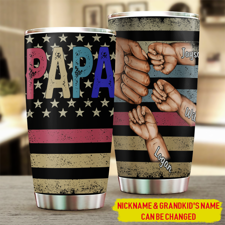 20 Oz Tumbler 20 Oz Personalized Papa Grandkids Hands Flag Tumbler Cup With Lid