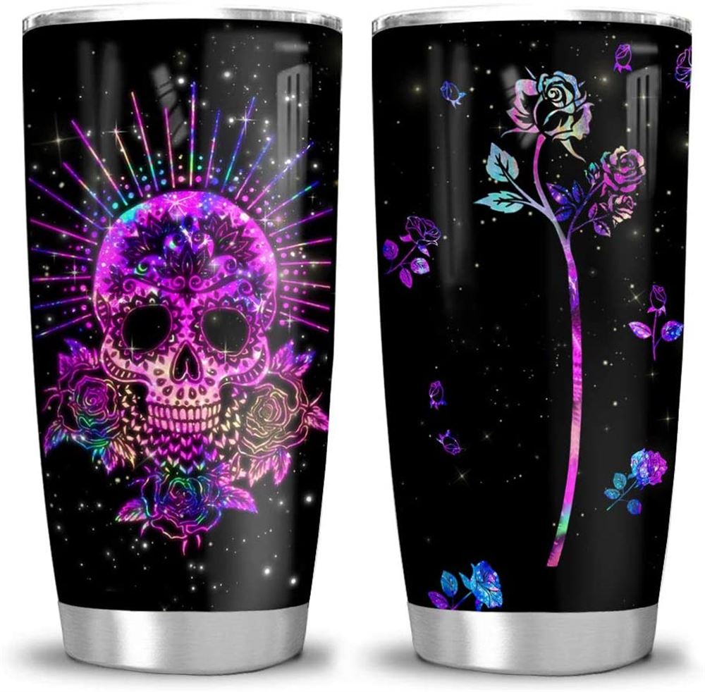 20 Oz Tumbler 20oz Hologram Sugar Skull And Rose Tumbler Cup With Lid Double Wall Vacuum Sporty Ther