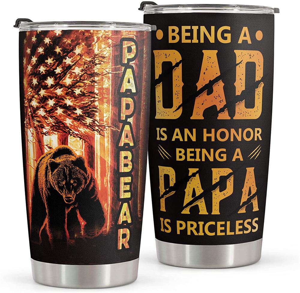 20 Oz Tumbler Papa Bear Gifts For Dad - Stainless Steel American Flag Tumbler Cup 20oz For New Dad -