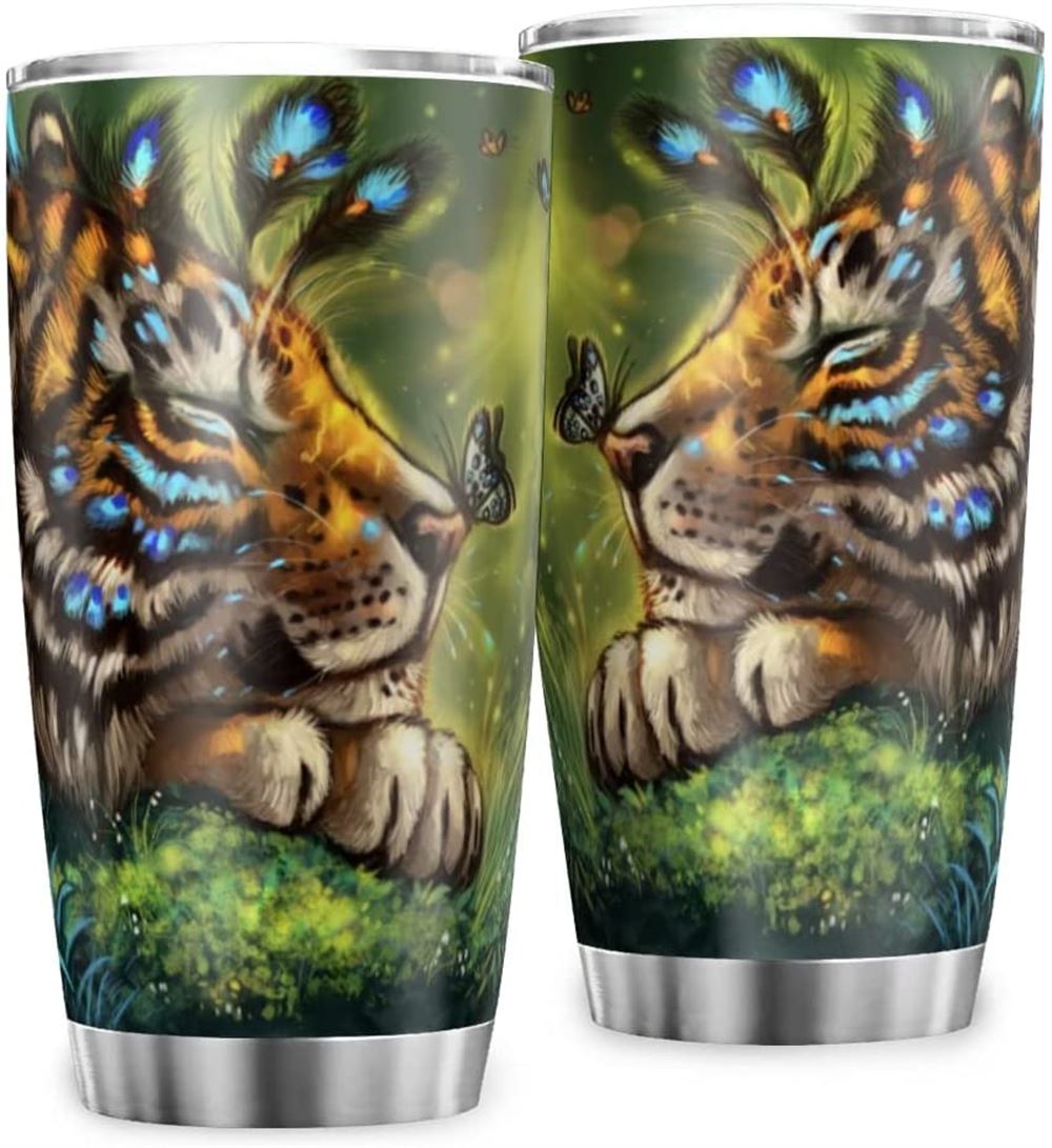 20 Oz Tumbler Tiger Art Butterfly Tumbler With Flip Lid Stainless Steel Coffee Cups Double Wall Trav