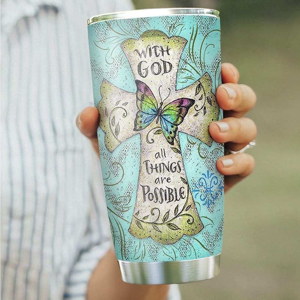 20oz Bible Faith All Thing With God Jesus Faith Jesus Inspiration Tumbler Cup With Lid Double Wall V