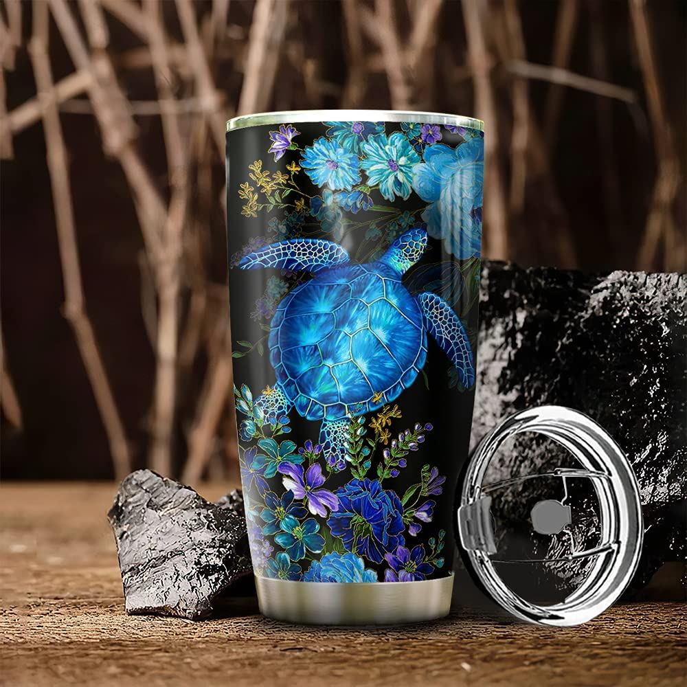 20oz Blue Flower Turtle Inspiration Motivation Sea Ocean Turtle Lover Tumbler Cup With Lid Double Wa