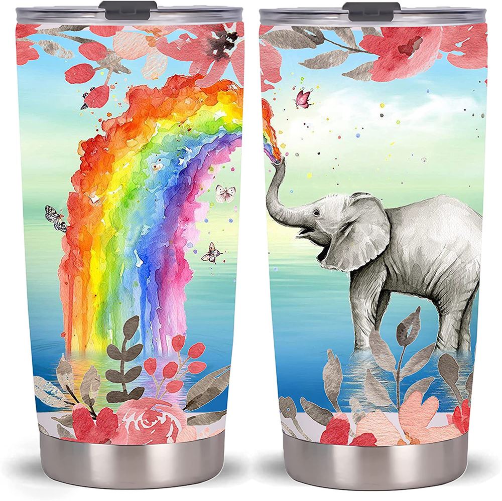 20oz Elephant Rainbow Tumbler-stainless Steel Travel Mug With Lid And Straw Elephant Rainbow Tumbler