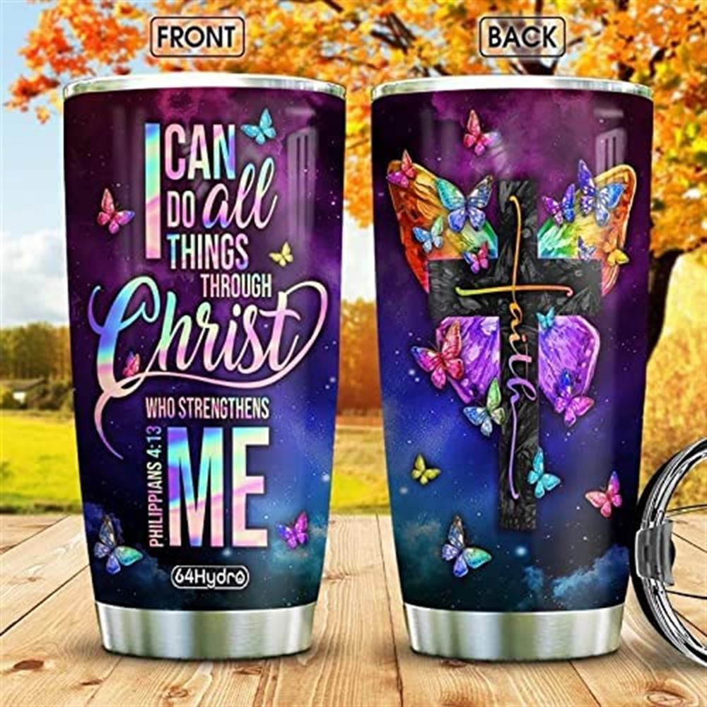 20oz Faith Butterfly Christ Strengthens Me Stainless Steel Tumbler Cup With Lid Double Wall Vacuum T