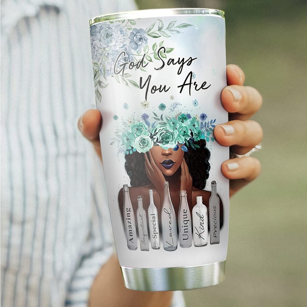 20oz Floral Black Queen God Says You Are Black Women Inspiration Tumbler Cup With Lid Double Wall Va