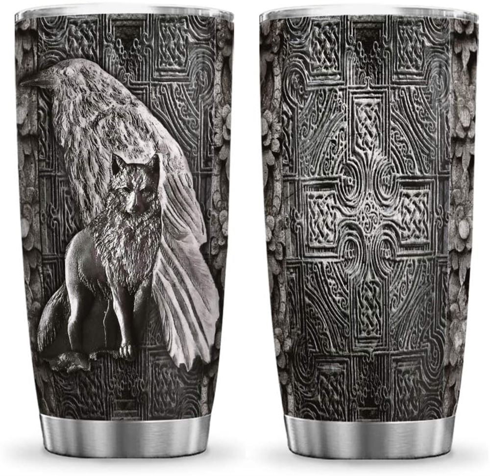 20oz Printed Viking Celtic Wolf Metal Tumbler Cup With Lid Double Wall Vacuum Sporty Thermos Insulat