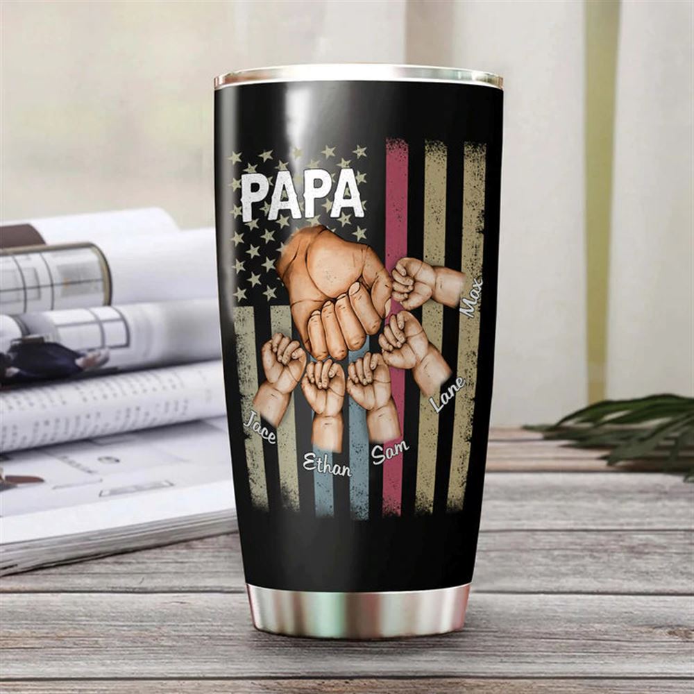 20oz Tumbler 20 Oz Personalized Papa Grandkids Hands Flag Tumbler Cup With Lid