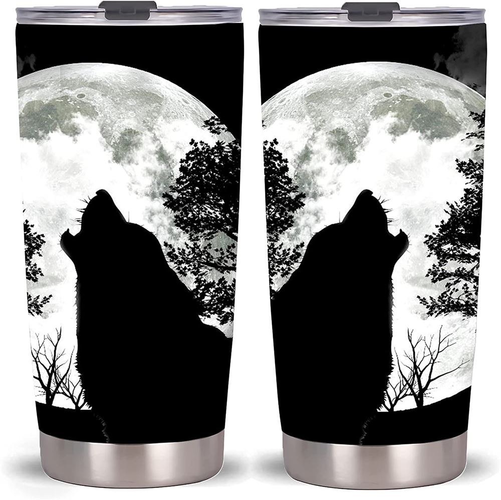 20oz Wolf Tumbler -stainless Steel Travel Mug With Lid And Straw Roaring Wolf