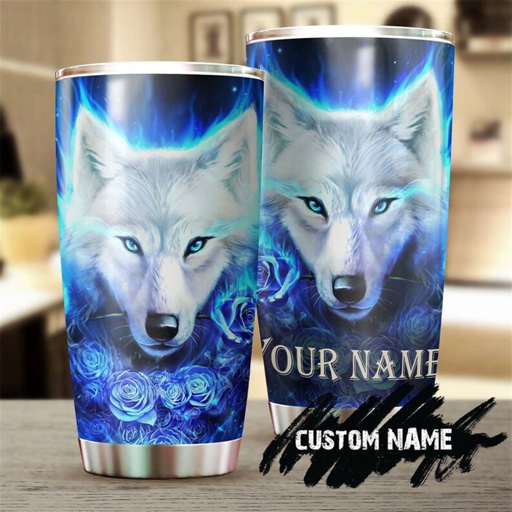 Blue Wolf And Rose Personalized Tumbler - Wolf Lover Tumbler- Birthday Gift - Gift For Her Gift For